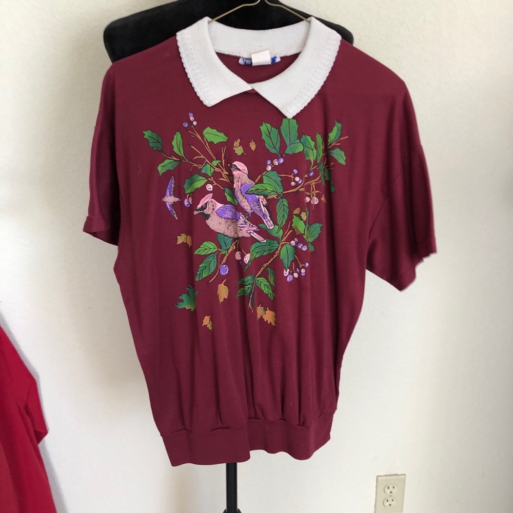 Elegant Burgundy Top with Bird and Leaf Motif